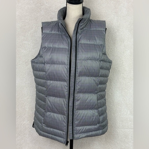 Lands' End White And Black Gingham Check Print Down Filled Puffer Vest Sz L Tall - Picture 2 of 15